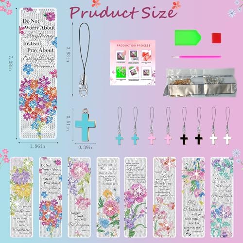 8PCS Diamond Painting Art Bookmarks,Cute Acrylic Bookmarks Crafts Kits Gifts with Pendants for Adult Women Book Lovers (Flower) - Image 5