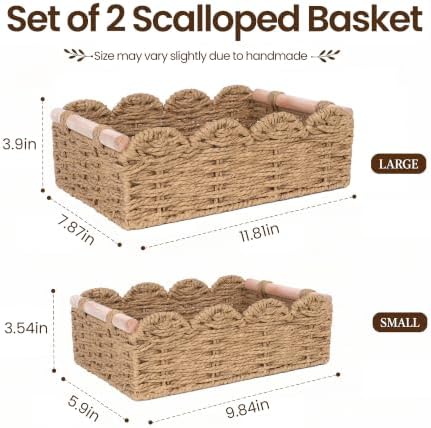 iEGrow Paper Rope Small Storage Baskets for Organizing, Set of 2 Scalloped Edge Wicker Basket with Wooden Handles Toilet Paper Basket for Over Toilet Storage Shelf, Home Decor, Living Room (Neutral) - Image 2