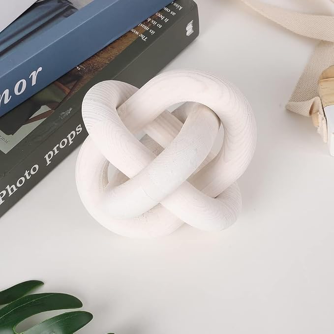 GUDAGUU Wood Knot Decor -Coffee Table Decor Shelf Decor Table Books Hand Carved Home Decoration Boho Country Rustic Modern Shabby Chic Style Decor 3 Link Wooden Knot Chain Link Decor (White)