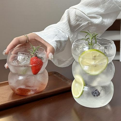 Ribbed Glassware Water Tumbler, Wave Bubble Glasses Tumbler, Aesthetic Ripple Glass Tumbler,Cute Glass Tumbler for Iced Coffee Juice Drink Milk Tea,Beer, Coctail（Big Wave - Big Mouth） - Image 3
