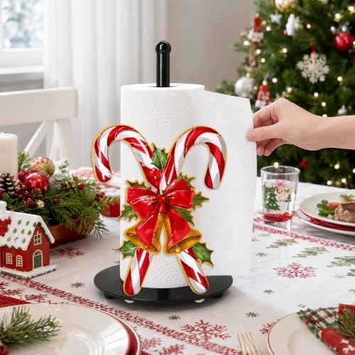 Christmas Candy Cane Paper Towel Holder, Farmhouse Xmas Kitchen Countertop Decor, Golden Bell Red Bow Holly Paper Towel Roll Stand, Christmas Housewarming Birthday Gift for Women Mom - Image 6