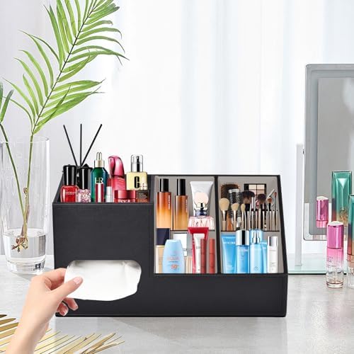 Plus Size Tissue Box Cover-Square Tissue Cover with Side Storage and Tray,Modern Makeup Organizer,PU Leather Tissue Holder Decorative Cube Organizer for Living Room Vanity NightStand Office,Black - Image 5