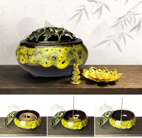 Ceramic Incense Burner, Bowl Burner,Cone Incense Burner with Brass lid for use with Stick or Cone-Shaped Incense，Lotus Incense Stick Holder Calabash Incense Stick Holder, 3pc (Fambe Yellow) - Image 5