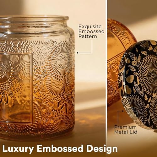 LumaCraft Luxury Embossed Glass Candle Jars for Making Candles - 12 Pack Empty Candle Containers with Lids, 20 Wicks & 20 Stickers, Colored Glass Jars for Gifts & Decor - Image 4