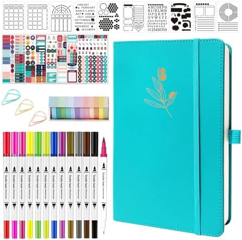 Y&I Bullet Dotted Journal Kit, A5 Hardcover Dotted Journal Notebook with 184 Numbered Pages, 120GSM Thick Paper, Stencils Stickers Pens Washi Tapes, Dotted Journaling Kit for Beginners (Teal) by YINGIRON