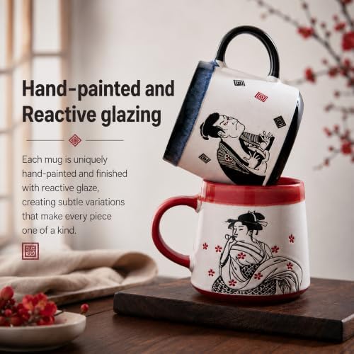 BICETTO Japanese Coffee Mug Set of 2, Ukiyo-e Samurai & Geisha Design, 15oz - Image 5