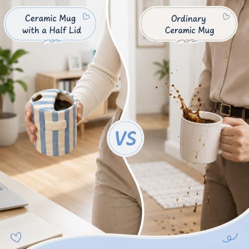 Ceramic Coffee Mug with Sip Hole 12oz, To Go Ceramic Mug Striped - Image 7