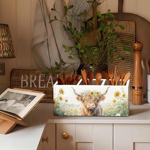 Highland Cow Floral Pen Pencil Holder for Desk, Highland Cow Gifts, Western Office Decor, Rustic Western Cattle Farm Animal Wooden Box Sign Decorations for Home Office Desk Tabletop - Image 6
