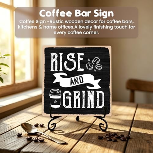 Coffee Bar Sign, Rise and Grind Farmhouse Tabletop Decor, Coffee and Tea Lover Gifts, 5x5 Wood Plaque with Iron Stand for Home Kitchen Cafe, Coffee Bar Decor – A01 - Image 4