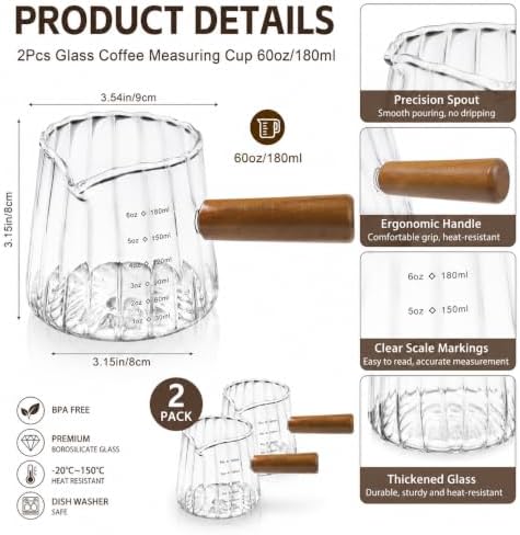 2 PCS Espresso Shot Cups, 6 Oz Espresso Measuring Cup with Wooden Handle and V-Shaped Spout for Espresso, Coffee, Milk Frothing, Tea, Syrup Serving - Image 4