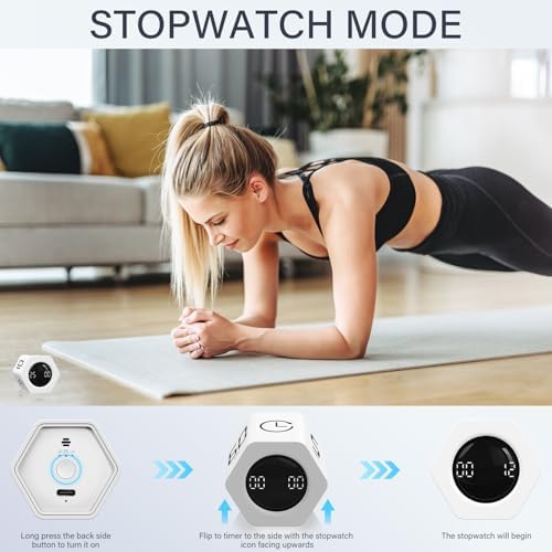 Rotating Productivity Timer 5, 25, 10 30,60 Mins Preset Stopwatch, Desk Flip ProductivityTimer, ADHD Tool Hexagon, Vibration/Mute/Alarm, for Work, Study, Back to School, Kitchen, White - Image 5