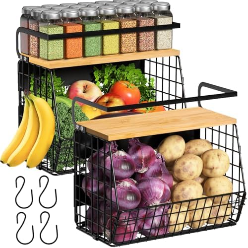 2 Set Magnetic Shelf for Refrigerator with Wood Lid, Fruit Potato & Onion Storage Bins, Pantry Organizers & Storage, Large Container Magnetic Spice Rack for Refrigerator, Kitchen Counter, Cabinet by Ofiray-home