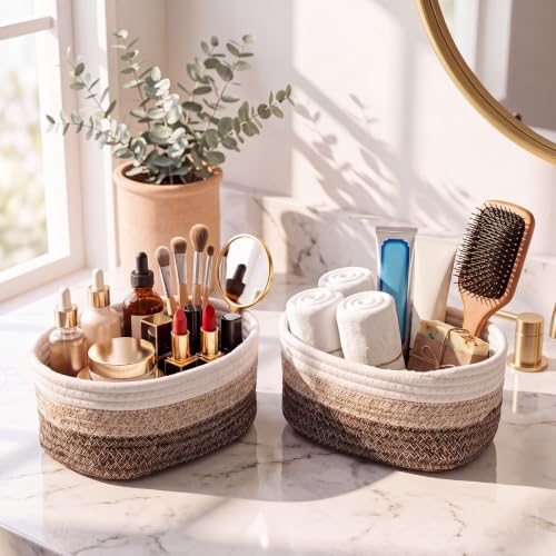10 Pack Small Woven Baskets, Cotton Rope, White, Natural Linen - Image 5