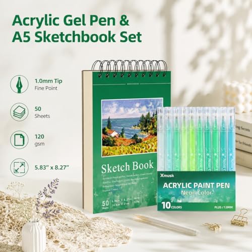 Acrylic Gel Pens for Coloring, 10 Green Gel Pens with A5 Sketchbook - Image 2
