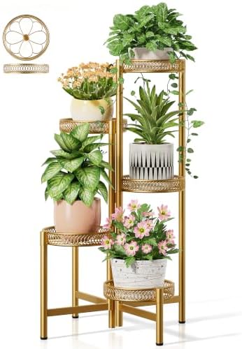 Gold Plant Stand Indoor Outdoor, 5 Tier Corner Flower Display Holder Stand, Folding Tall Plant Rack for Patio Balcony Porch, Heavy Duty Wrought Iron Gold Plant Shelf - GoldFlower by Unknown