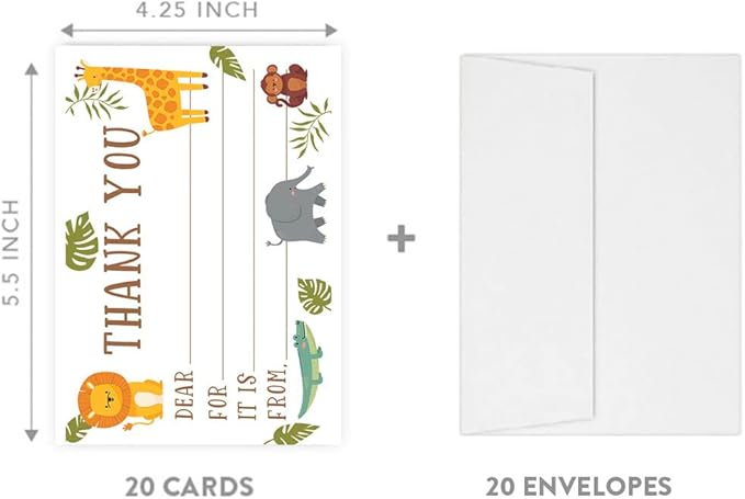 Andaz Press Kids Fill in the Blank Thank You Cards 20 Cards Including Envelopes Safari Jungle Animals Gender Neutral Note Cards For Boys Girls Birthday Thank You Notes for Friends, Family Party Guests