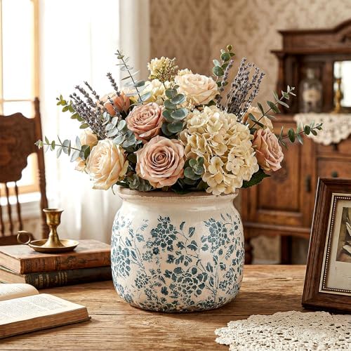 5.9'' Vintage Ceramic Planter, Ice Crack Glaze Teal Floral Pot - Image 6