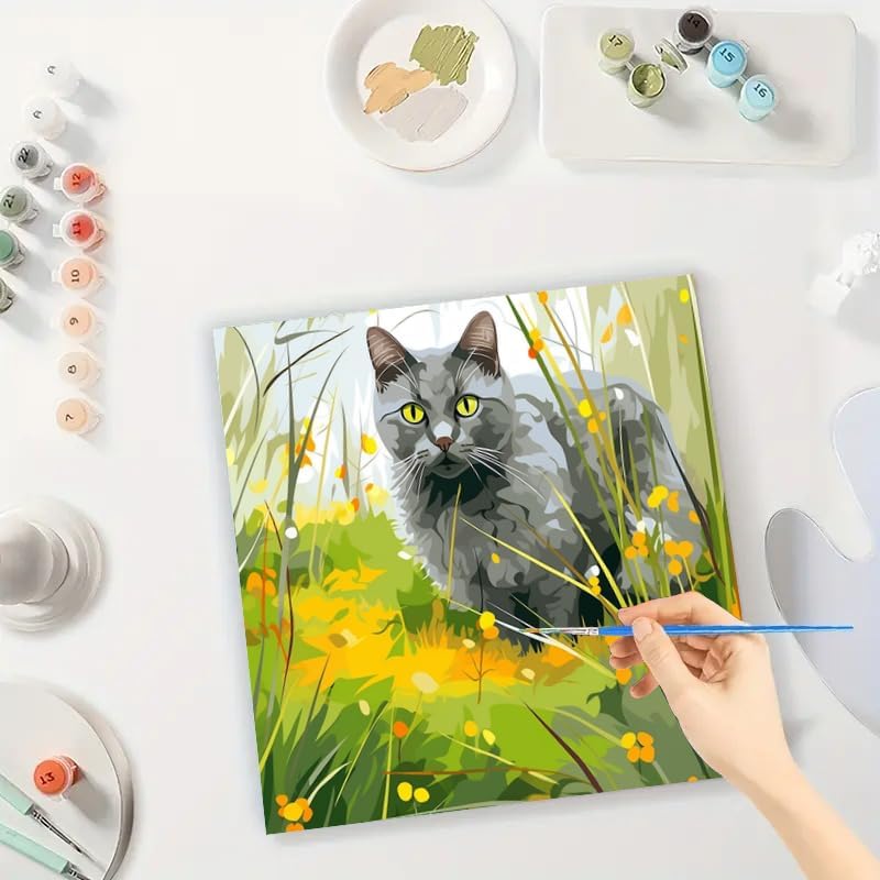 TAOPAOLAB Gray Cat Digital Painting Kit for Adults - DIY Garden Feline Oil Painting on Canvas 7.87x7.87In, Framed Acrylic Paint Kit, Good for Beginners, Pet Lover Home Decor or Gift Artwork - Image 3