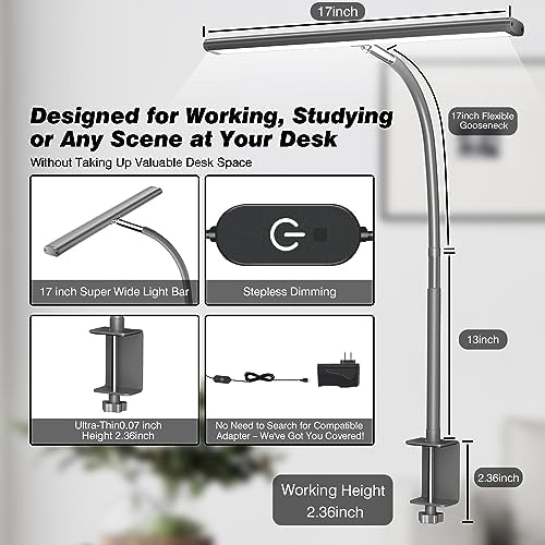 Airlonv LED Desk Lamp with Clamp, 17" Stepless Dimming Light, Grey - Image 3