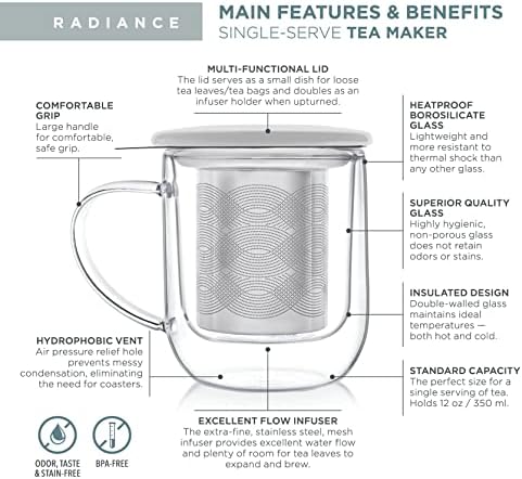 Teabloom Tea-For-One Steeping Mug – Insulated Double Wall Glass Mug (12 oz), Stainless Steel Infuser, Porcelain Lid/Coaster – Radiance Brewing Mug - Image 4