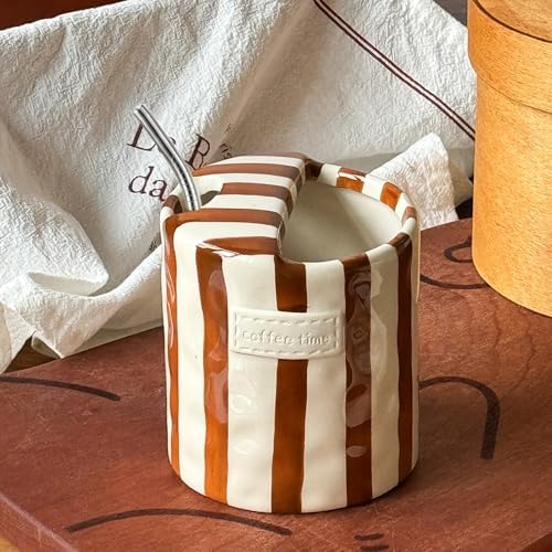 Ceramic Coffee Mugs 10 oz Retro Striped Coffee Mug No Handle with Straw - Image 2