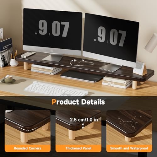 Dual Monitor Stand Riser, 39 Inch Extra Long Wooden Desktop Monitor Riser with Storage for 2 Monitors Ultra Strong Desk Shelf Organizer Riser Ergonomic for 2 Screens/Laptop/PC/TV/Printer (Dark Walnut, 39inches) - Image 2