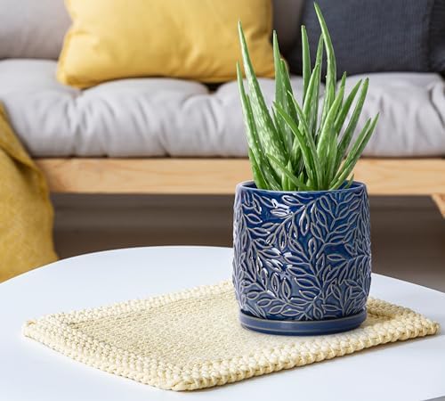 D'vine Dev Embossed Leaves Ceramic Planter, 5 in, Midnight Blue, 27-A-V-3 - Image 2