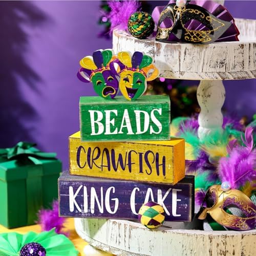 Moucuny 4 Pcs Mardi Gras Wooden Block Signs Farmhouse Table Decoration - Image 2