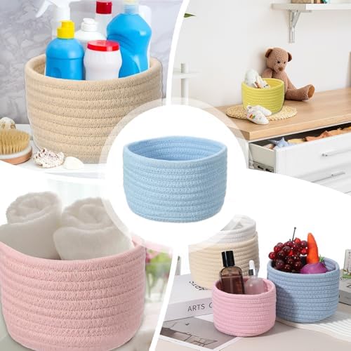 uxcell Blue Small Cotton Rope Woven Storage Basket, Shelf Closet Storage Gift Woven Baskets Cute Nursery Box Bin Decor Organization Bin for Home Supply, Round, 6.3x4.4 - Image 6