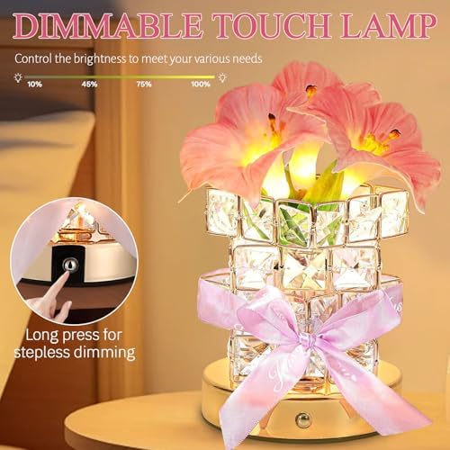 Flower Table Lamps, Rechargeable Cordless Crystal Night Light, 3 Colors Touch Dimming Artificial Flower Light, LED Flowers Bedside Lamp Romantic Gifts for Girl Women Mom (MF Morning Glory-Pink) - Image 3