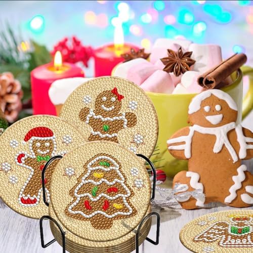 8 Pieces Christmas Gingerbread Man Diamond Coasters Kits with Holder DIY Christmas Gingerbread Man Diamond Art Coaster Coaster for Adults Diamond Kits Supplies - Image 5