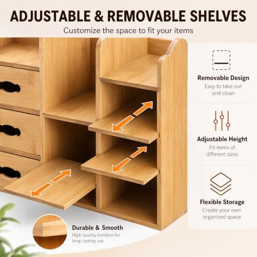 Coloch Bamboo Makeup Organizer with Drawers, Large Cosmetics Storage Shelf for Vanity Countertop Skincare Organizer for Desktop, Skincare, Beauty Supplies, Cosmetics Display, Stationery Storage - Image 5