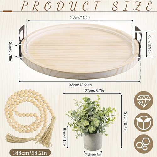 Novabright 12.6 Inch Large Round Decorative Tray with Bead Garland and Eucalyptus Potted Plants, Boho Whitewashed Farmhouse Coffee Table Centerpiece Vintage Wooden Tray for Living Room, Kitchen - Image 3
