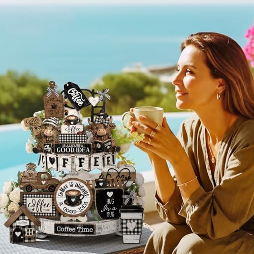 Mifoci 23 Pcs Christmas Coffee Tiered Tray Decorations Wooden Signs - Image 2
