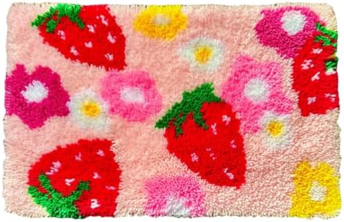 MeoobkCraft Latch Hook Kits for Adults Beginners, Pre-Printed Strawberry Floral Latch Hook Rug Kit, Aesthetic Pink Fruit Flower DIY Rug Craft Kit for Home Decor 20.47 x 14.96 in by MeoobkCraft