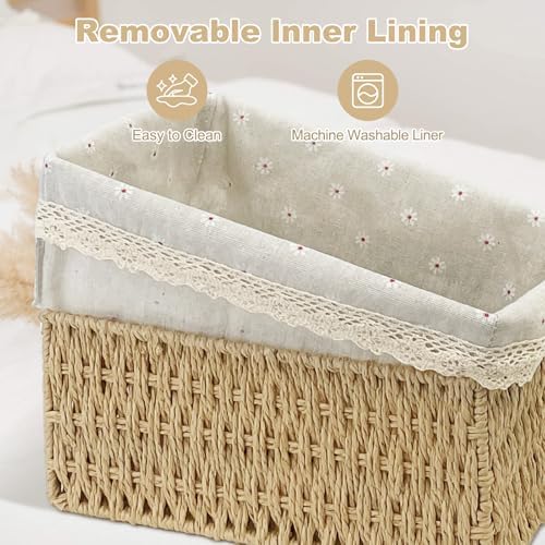 Large Wicker Storage Basket with Liner, Hand-Woven Paper Rope Rattan Organizer Bin for Pantry, Countertop, Bathroom, Bedroom, Shelves (Beige, L) - Image 6