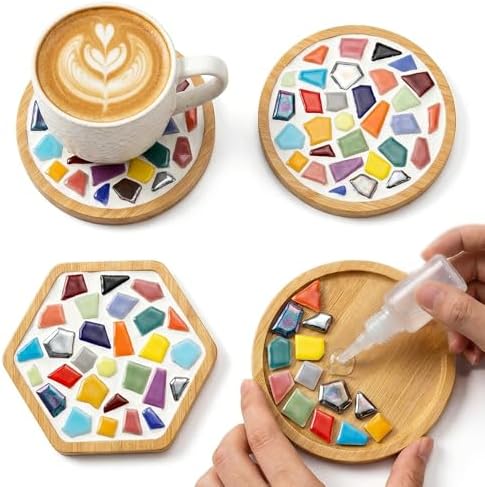 Nuyoach Mosaic Tiles Crafts Kits for Adults,2 Sets DIY Glass Mosaic Craft with Wooden Coaster Making Materials Package for Women Seniors,Ceramic Mosaic Art Bulk Gifts for Home Decor Summer Party by Nuyoach