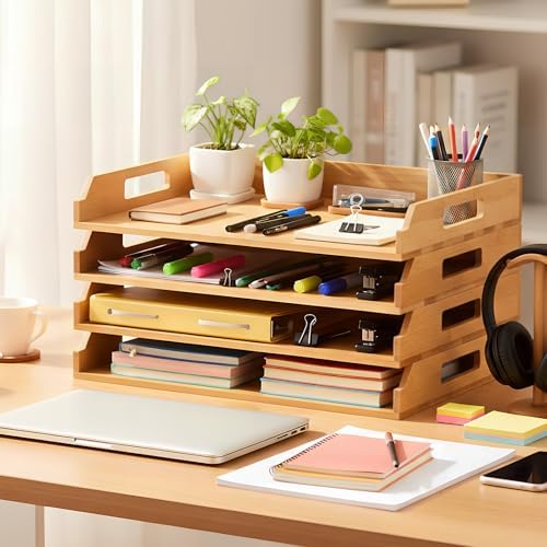 AceOrbit 4 Pcs Stackable Paper Tray Bamboo Wood Desk Organizer Letter Tray - Image 4