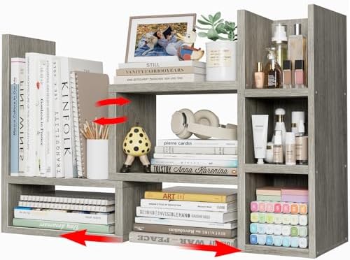 NUTIKAS Desk Shelves Desktop Organizer Shlef - Grey Office Organization for Top of Desk Organizers and Accessories Corner Bookshelf Table Top Shelving Small Hutch Decorations for Office by NUTIKAS