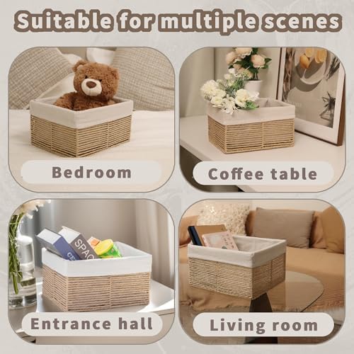 GYASVWU Hand-Woven Paper Rope Storage Baskets,Rectangular Wicker Baskets for Organizing,Decorative Woven Basket for Storage,Shelf Basket for Living Room,Storage Baskets for Pantry (Beige - Small) - Image 4