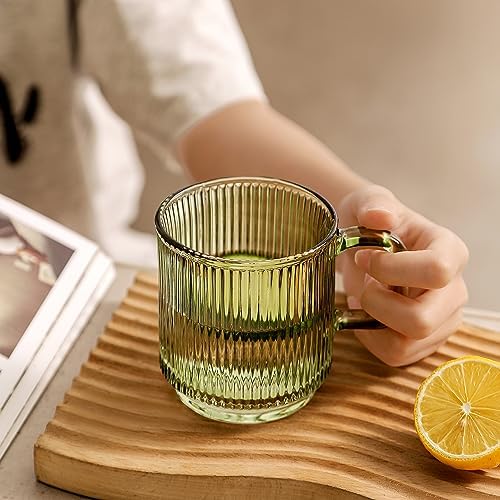 Lysenn Glass Coffee Mug with Lid - Premium Classical Vertical Stripes Glass Tea Cup - for Latte, Tea, Chocolate, Juice, Water - Lead-Free - Bamboo Lid - Lime Green - Image 3