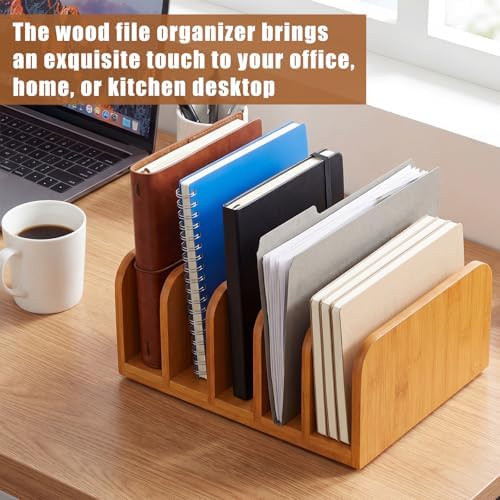 Lineshading Bamboo Letter Organizer, 5 Compartments Desk Mail Organizer, Desktop Envelope Holder and Letter Sorter, Countertop Paper File Holders with Anti Slip Mat for Home Office(Yellow) - Image 2