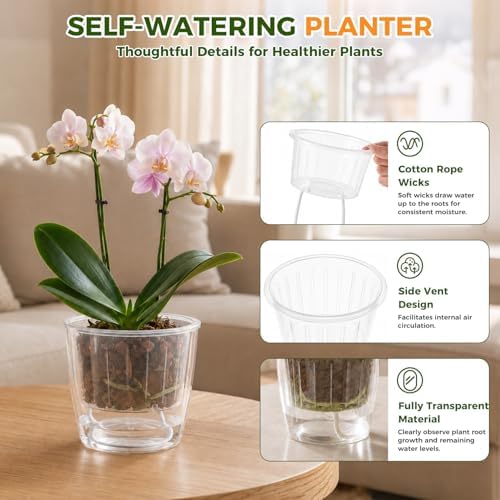 Clear Self Watering Pots for Indoor Plants, 6-Pack 6.7'' Clear Plant Pots with Drainage, Self Watering Planter, African Violet Pot, Semi Hydroponic Pot for Orchids, Flowers, Herbs - Image 4