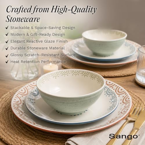 Sango 12-Piece Speckled Stoneware Dinnerware Set for 4- Glossy Plates and Bowls Set with Hand-Painted Floral Pattern, Rustic Ceramic Dish Set, Elegant Dishes for Everyday Dining, Siterra Glazed Garden - Image 4