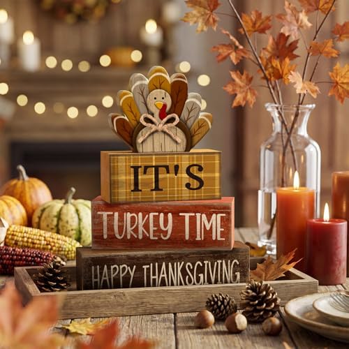 Moucuny 4 Pcs Thanksgiving Table Decorations Wooden Turkey Tiered Tray - Image 2