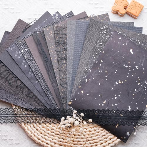 15Pcs Handmade Scrapbook Art Paper Craft Textured Paper Colorful A5 sheet Mesh Special Mix for Scrapbooking Junk Journal Journaling Supplies DIY Materials,5.8x8.2 inches (Black) by LewuwoPoing