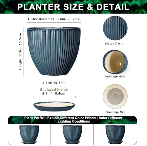 Ceramic Plant Pots, 8 Inch Planters for Indoor Plants, Decorative Flower Pots with Drainage Hole and Saucer, Round Planter, Indoor Flower Pot, Modern Home Decor, Plant Lover Gifts, Retro Blue - Image 2