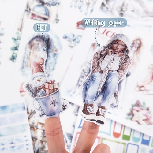 Precut Winter Aesthetic Scrapbook Sticker Book, 20 Sheets People Landscape Animal Snowflake Journaling Supplies for Adults Card Making Collage (Blue) - Image 5
