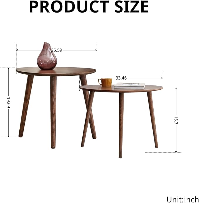 Wayshome 100% Solid Oak Wood Nesting Coffee Table,Mid Century Modern Oval Coffee Tables Set, Round Tables for Living Room, Pebble Side Table for Balcony (Walnut, Combine)