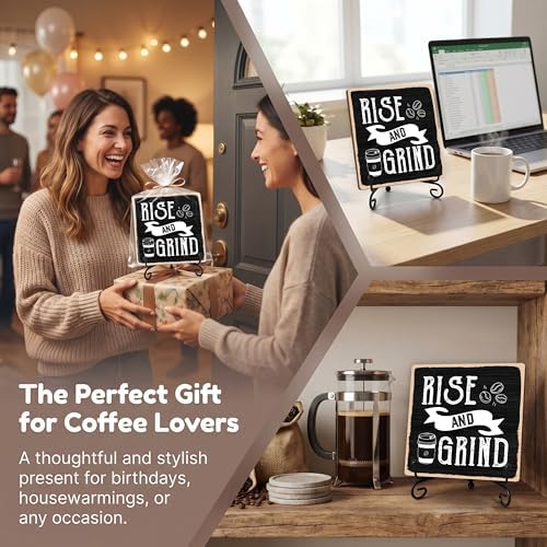 Coffee Bar Sign, Rise and Grind Farmhouse Tabletop Decor, Coffee and Tea Lover Gifts, 5x5 Wood Plaque with Iron Stand for Home Kitchen Cafe, Coffee Bar Decor – A01 - Image 6